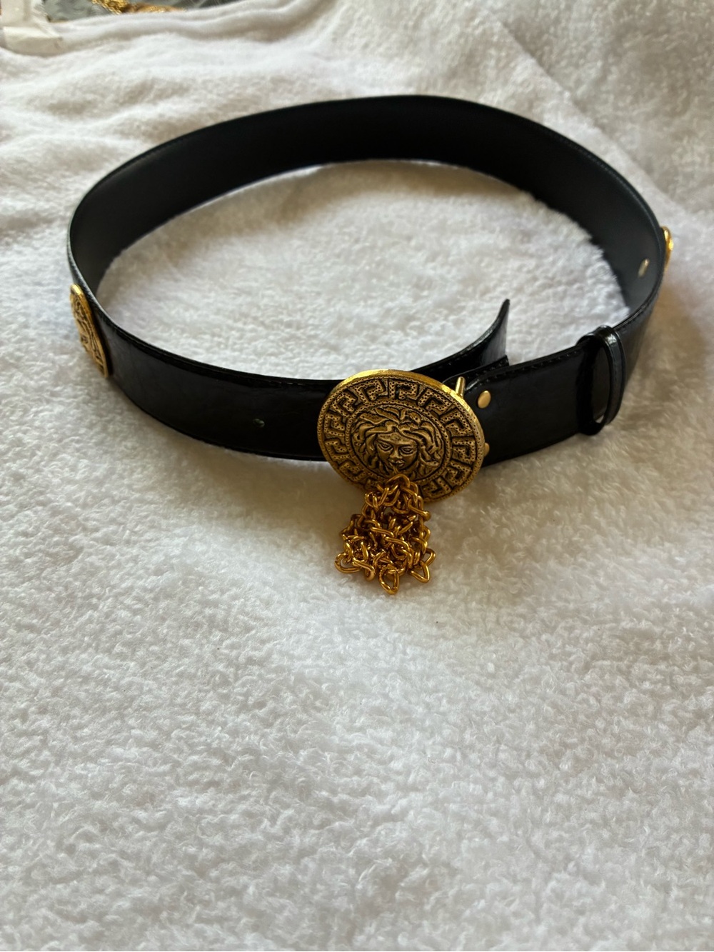 Black Leather Belt with Gold Medallion and Chain Accent